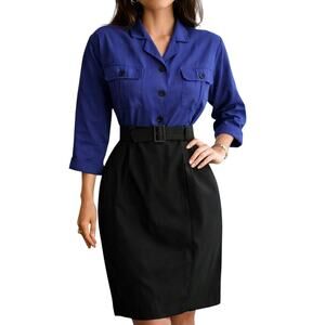 Vintage 80s Women's 8P Belted Dress Blue Black Office Chic USA Made